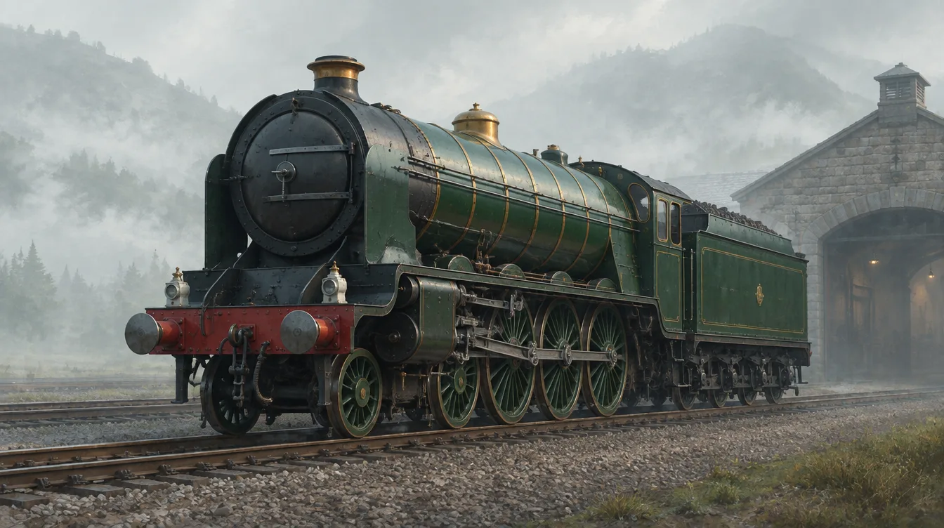 Fell Duke, lokomotif uap ekspres 4-6-0 hijau tua dengan pita kuningan, berdiri di depan dipo batu